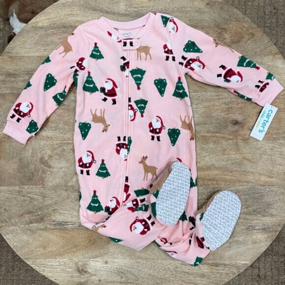NEW 3T Girls Fleece Christmas Reindeer & Santa Footie Pajamas - Picture 2 of 4